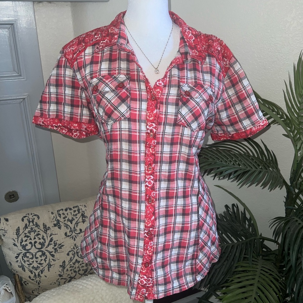 Cecil Adorable Mixed Print Plaid Floral Blouse Size L